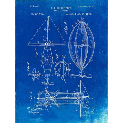 PP426-Faded Blueprint Aerial Vessel Patent Poster Gold Ornate Wood Framed Art Print with Double Matting by Borders, Cole