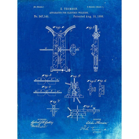 PP428-Faded Blueprint Electric Welding Machine 1886 Patent Poster White Modern Wood Framed Art Print by Borders, Cole