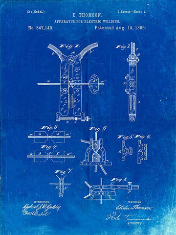 PP428-Faded Blueprint Electric Welding Machine 1886 Patent Poster White Modern Wood Framed Art Print with Double Matting by Borders, Cole