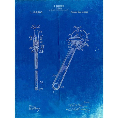 PP437-Faded Blueprint Crecent Wrench 1915 Patent Poster White Modern Wood Framed Art Print by Borders, Cole