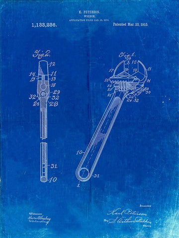 PP437-Faded Blueprint Crecent Wrench 1915 Patent Poster White Modern Wood Framed Art Print with Double Matting by Borders, Cole