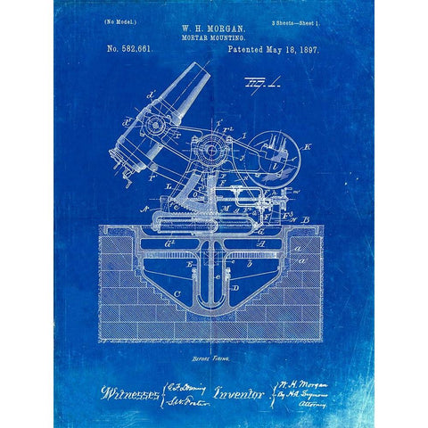 PP445-Faded Blueprint Military Mortar Launcher Patent Poster Gold Ornate Wood Framed Art Print with Double Matting by Borders, Cole