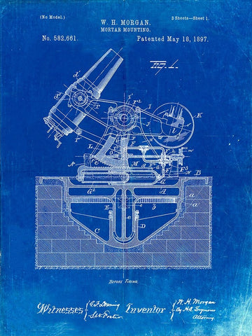 PP445-Faded Blueprint Military Mortar Launcher Patent Poster Black Ornate Wood Framed Art Print with Double Matting by Borders, Cole