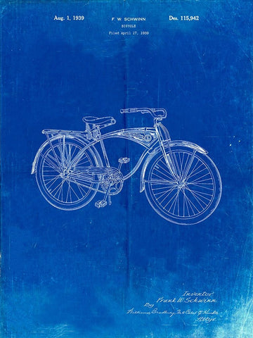 PP446-Faded Blueprint Schwinn 1939 BC117 Bicycle Patent Poster White Modern Wood Framed Art Print with Double Matting by Borders, Cole