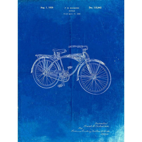 PP446-Faded Blueprint Schwinn 1939 BC117 Bicycle Patent Poster White Modern Wood Framed Art Print by Borders, Cole