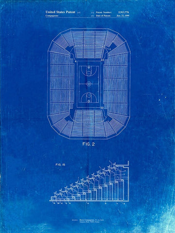 PP453-Faded Blueprint Retractable Arena Seating Patent Poster White Modern Wood Framed Art Print with Double Matting by Borders, Cole