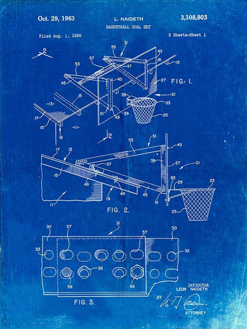 PP454-Faded Blueprint Basketball Adjustable Goal 1962 Patent Poster White Modern Wood Framed Art Print with Double Matting by Borders, Cole