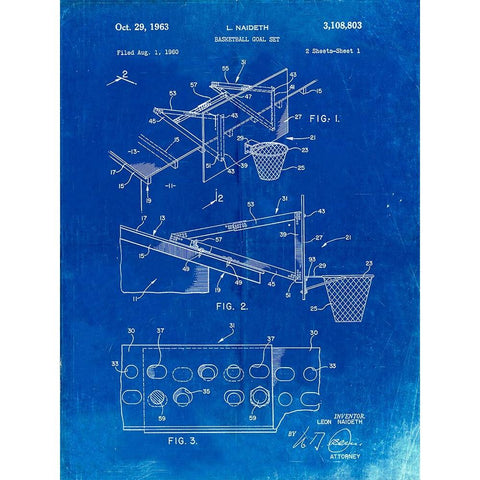 PP454-Faded Blueprint Basketball Adjustable Goal 1962 Patent Poster Gold Ornate Wood Framed Art Print with Double Matting by Borders, Cole