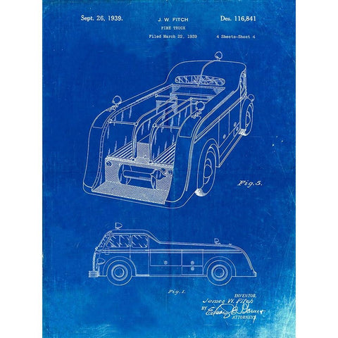 PP462-Faded Blueprint Firetruck 1939 Two Image Patent Poster White Modern Wood Framed Art Print by Borders, Cole