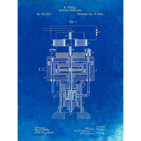 PP463-Faded Blueprint Tesla Electric Generator Poster White Modern Wood Framed Art Print by Borders, Cole