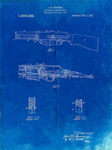 PP469-Faded Blueprint M1919 Browning Automic Rifle Patent Poster  Black Ornate Wood Framed Art Print with Double Matting by Borders, Cole