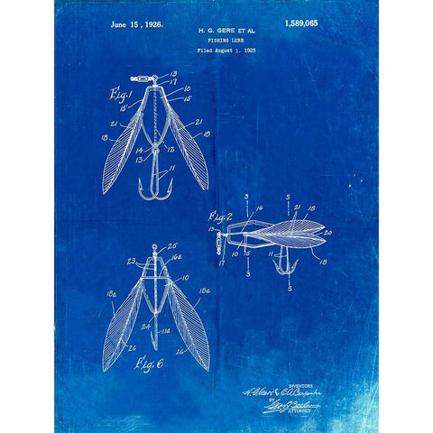 PP476-Faded Blueprint Surface Fishing Lure Patent Poster White Modern Wood Framed Art Print by Borders, Cole