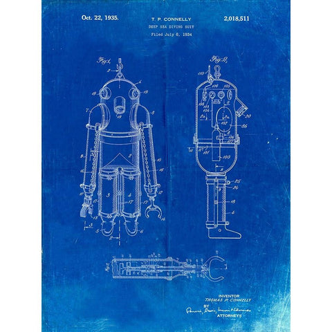 PP479-Faded Blueprint Deep Sea Diving Suit Patent Poster White Modern Wood Framed Art Print by Borders, Cole