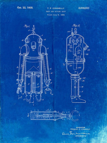 PP479-Faded Blueprint Deep Sea Diving Suit Patent Poster White Modern Wood Framed Art Print with Double Matting by Borders, Cole