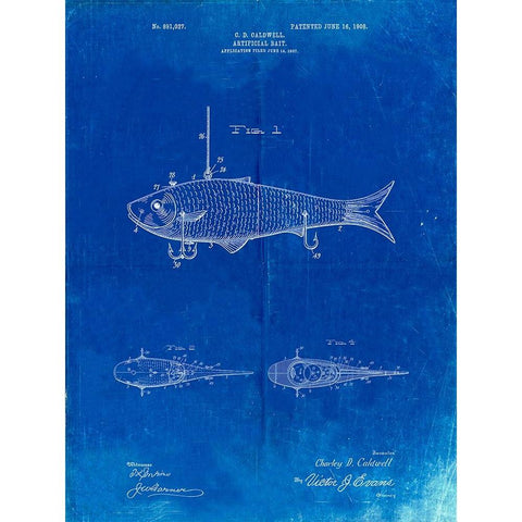 PP485-Faded Blueprint Fishing Artificial Bait Poster Gold Ornate Wood Framed Art Print with Double Matting by Borders, Cole