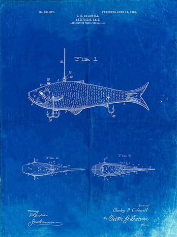 PP485-Faded Blueprint Fishing Artificial Bait Poster Black Ornate Wood Framed Art Print with Double Matting by Borders, Cole