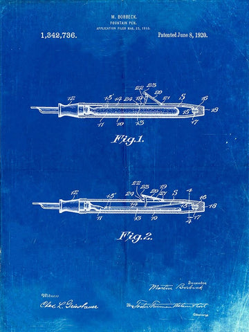 PP486-Faded Blueprint Houston Fountain Pen Company 1920 Patent Poster White Modern Wood Framed Art Print with Double Matting by Borders, Cole