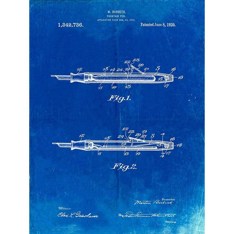 PP486-Faded Blueprint Houston Fountain Pen Company 1920 Patent Poster Black Modern Wood Framed Art Print by Borders, Cole