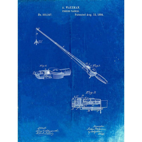 PP490-Faded Blueprint Fishing Rod and Reel 1884 Patent Poster White Modern Wood Framed Art Print by Borders, Cole