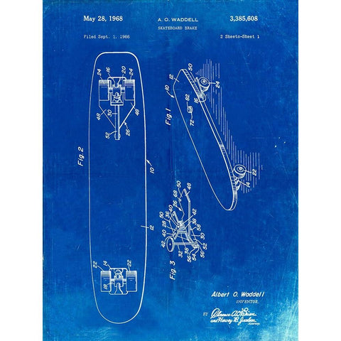 PP492-Faded Blueprint Skateboard Brake Patent Poster White Modern Wood Framed Art Print by Borders, Cole