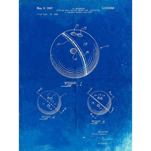 PP493-Faded Blueprint Bowling Ball 1967 Patent Poster Black Modern Wood Framed Art Print with Double Matting by Borders, Cole