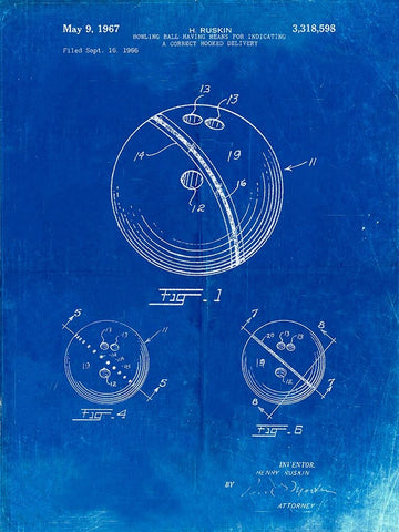 PP493-Faded Blueprint Bowling Ball 1967 Patent Poster Black Ornate Wood Framed Art Print with Double Matting by Borders, Cole