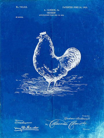 PP497-Faded Blueprint Chicken Patent Poster White Modern Wood Framed Art Print with Double Matting by Borders, Cole