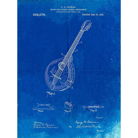 PP499-Faded Blueprint Gibson Mandolin Bridge Patent Poster Black Modern Wood Framed Art Print with Double Matting by Borders, Cole