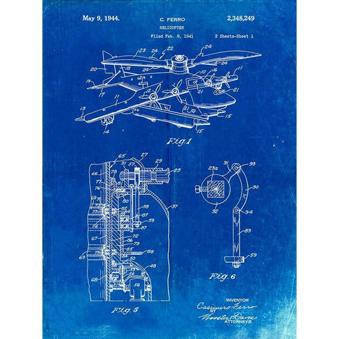 PP500-Faded Blueprint Early Helicopter Patent Poster Gold Ornate Wood Framed Art Print with Double Matting by Borders, Cole