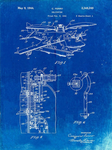 PP500-Faded Blueprint Early Helicopter Patent Poster White Modern Wood Framed Art Print with Double Matting by Borders, Cole