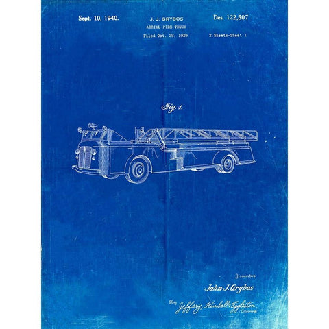 PP506-Faded Blueprint Firetruck 1940 Patent Poster Gold Ornate Wood Framed Art Print with Double Matting by Borders, Cole