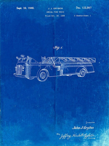 PP506-Faded Blueprint Firetruck 1940 Patent Poster White Modern Wood Framed Art Print with Double Matting by Borders, Cole