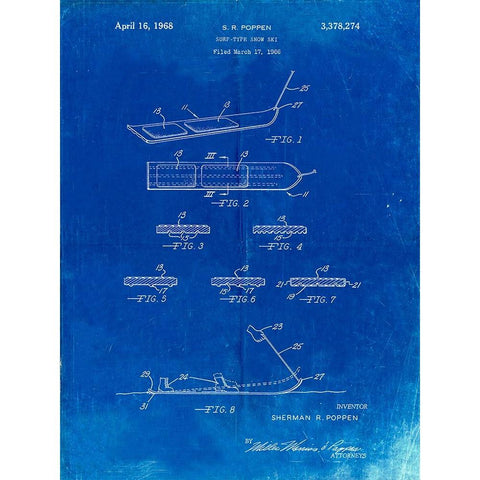 PP508-Faded Blueprint Snurfer Poppen First Modern Snowboard Patent Poster Black Modern Wood Framed Art Print with Double Matting by Borders, Cole