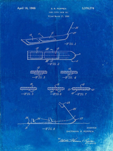 PP508-Faded Blueprint Snurfer Poppen First Modern Snowboard Patent Poster Black Ornate Wood Framed Art Print with Double Matting by Borders, Cole