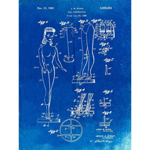 PP512-Faded Blueprint Barbie Doll Original Patent Poster White Modern Wood Framed Art Print by Borders, Cole