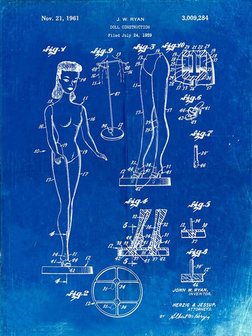 PP512-Faded Blueprint Barbie Doll Original Patent Poster Black Ornate Wood Framed Art Print with Double Matting by Borders, Cole