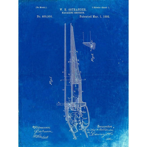 PP513-Faded Blueprint The Ostrander Shotgun Patent Poster Gold Ornate Wood Framed Art Print with Double Matting by Borders, Cole