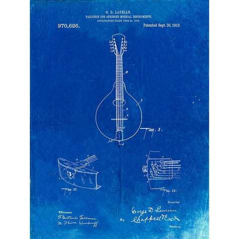 PP514-Faded Blueprint Gibson Mandolin Tailpiece Patent Poster Gold Ornate Wood Framed Art Print with Double Matting by Borders, Cole