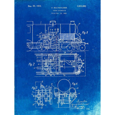 PP516-Faded Blueprint Steam Train Locomotive Patent Poster Black Modern Wood Framed Art Print with Double Matting by Borders, Cole