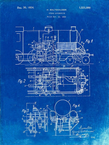 PP516-Faded Blueprint Steam Train Locomotive Patent Poster White Modern Wood Framed Art Print with Double Matting by Borders, Cole