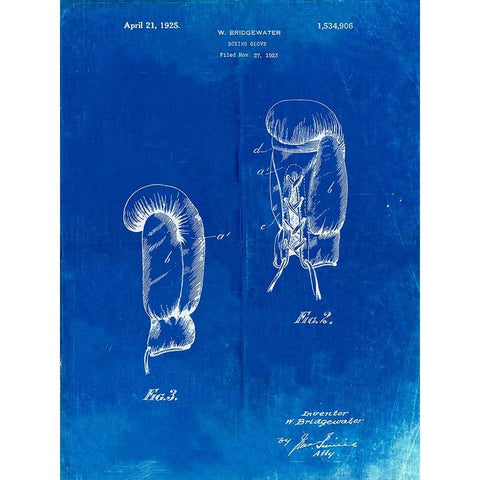 PP517-Faded Blueprint Boxing Glove 1925 Patent Poster White Modern Wood Framed Art Print by Borders, Cole