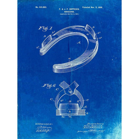 PP523-Faded Blueprint Horseshoe Patent Poster Black Modern Wood Framed Art Print with Double Matting by Borders, Cole