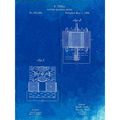 PP532-Faded Blueprint Tesla Electro Magnetic Motor Poster White Modern Wood Framed Art Print by Borders, Cole