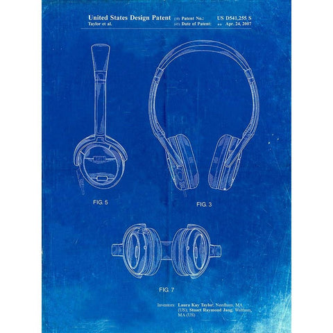 PP543-Faded Blueprint Noise Canceling Headphones Patent Poster White Modern Wood Framed Art Print by Borders, Cole