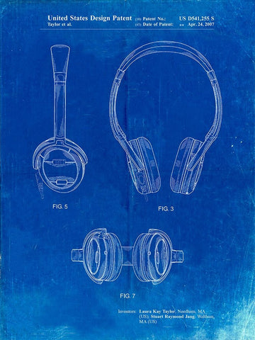 PP543-Faded Blueprint Noise Canceling Headphones Patent Poster White Modern Wood Framed Art Print with Double Matting by Borders, Cole