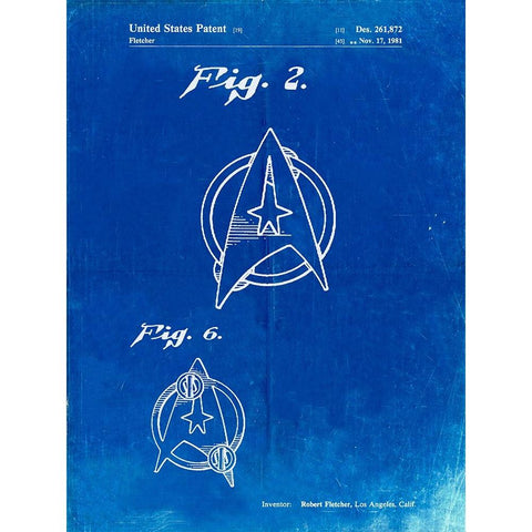 PP544-Faded Blueprint Star Trek Star Fleet Insignia Patent Poster White Modern Wood Framed Art Print by Borders, Cole