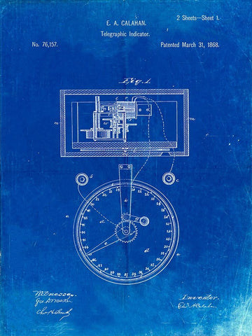 PP546-Faded Blueprint Stock Telegraphic Ticker 1868 Patent Poster White Modern Wood Framed Art Print with Double Matting by Borders, Cole