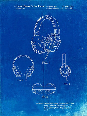 PP550-Faded Blueprint Headphones Patent Poster White Modern Wood Framed Art Print with Double Matting by Borders, Cole