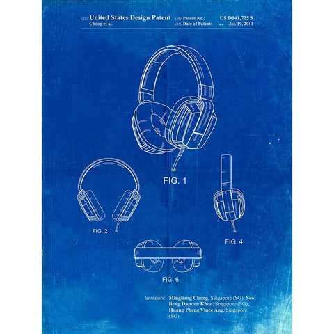 PP550-Faded Blueprint Headphones Patent Poster White Modern Wood Framed Art Print by Borders, Cole