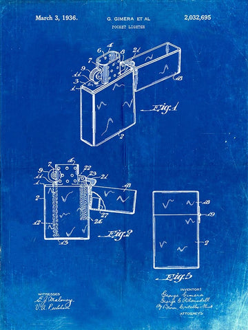 PP553-Faded Blueprint Zippo Lighter Patent Poster White Modern Wood Framed Art Print with Double Matting by Borders, Cole